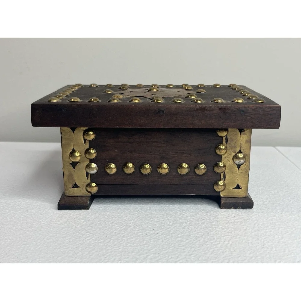 Vtg Handmade Wooden Trinket Box With Hammered‎ Brass Tacks